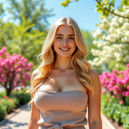 A 20-year-old blonde woman with big natural breasts, standing confidently in a sunny park