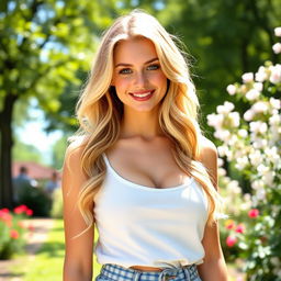 A 20-year-old blonde woman with big natural breasts, standing confidently in a sunny park