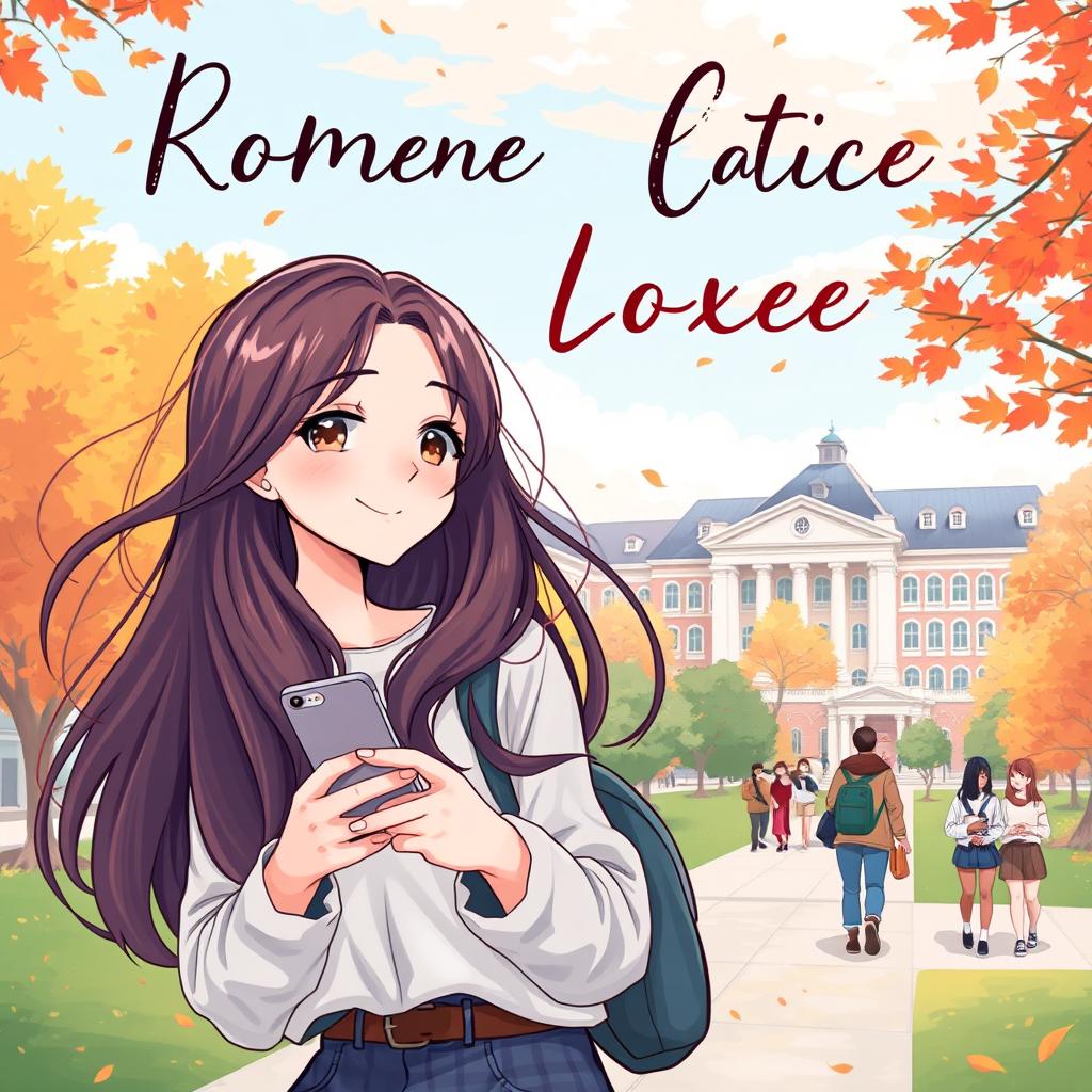 A romantic cover illustration featuring a college girl with long flowing hair, holding a smartphone in her hand while facing sideways