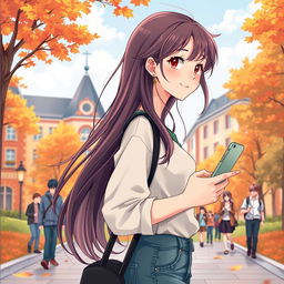 A romantic cover illustration featuring a college girl with long flowing hair, holding a smartphone in her hand while facing sideways