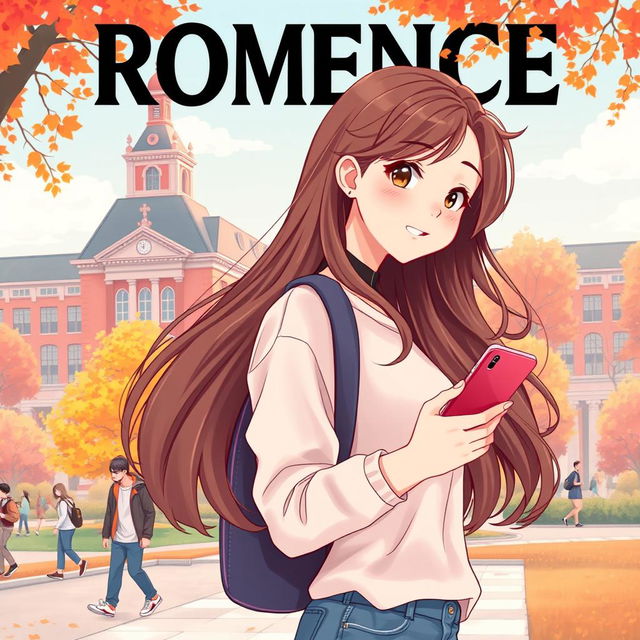 A romantic cover illustration featuring a college girl with long flowing hair, holding a smartphone in her hand while facing sideways