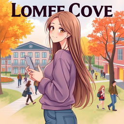 A romantic cover illustration featuring a college girl with long flowing hair, holding a smartphone in her hand while facing sideways