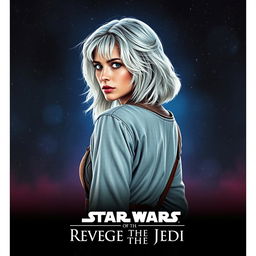 A captivating Star Wars movie poster titled 'Revenge of the Jedi', showcasing a stunning 40-year-old Jedi woman with fluffy, shaggy medium-long shoulder-length white hair and piercing blue eyes