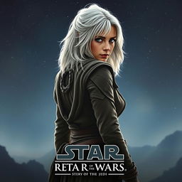 A captivating Star Wars movie poster titled 'Revenge of the Jedi', showcasing a stunning 40-year-old Jedi woman with fluffy, shaggy medium-long shoulder-length white hair and piercing blue eyes