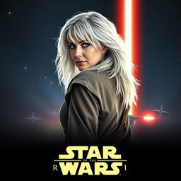 A captivating Star Wars movie poster titled 'Revenge of the Jedi', showcasing a stunning 40-year-old Jedi woman with fluffy, shaggy medium-long shoulder-length white hair and piercing blue eyes