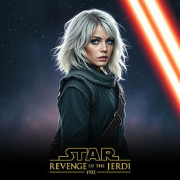 A captivating Star Wars movie poster titled 'Revenge of the Jedi', showcasing a stunning 40-year-old Jedi woman with fluffy, shaggy medium-long shoulder-length white hair and piercing blue eyes