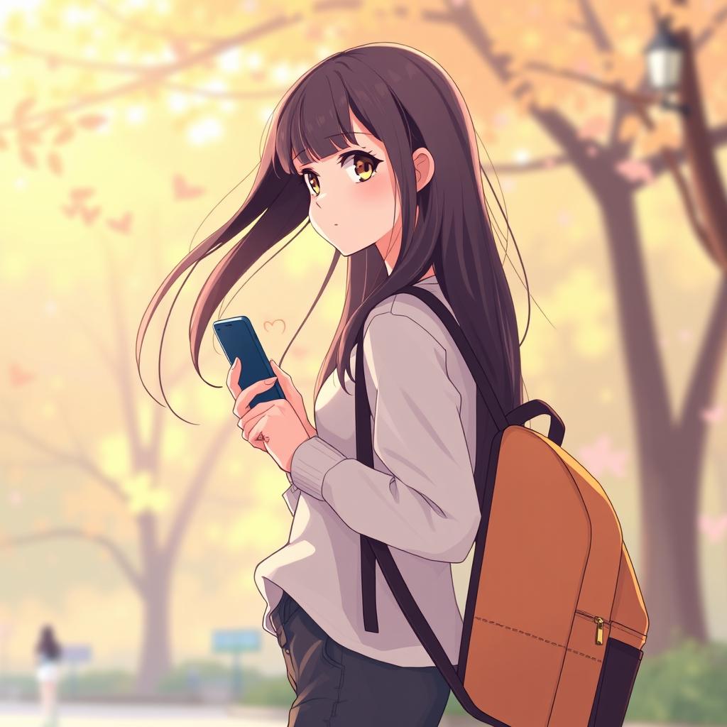 A romantic cover illustration featuring a college girl with long flowing hair, standing sideways while holding a smartphone in her hand