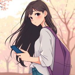 A romantic cover illustration featuring a college girl with long flowing hair, standing sideways while holding a smartphone in her hand