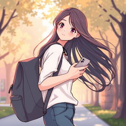 A romantic cover illustration featuring a college girl with long flowing hair, standing sideways while holding a smartphone in her hand