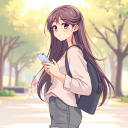 A romantic cover illustration featuring a college girl with long flowing hair, standing sideways while holding a smartphone in her hand