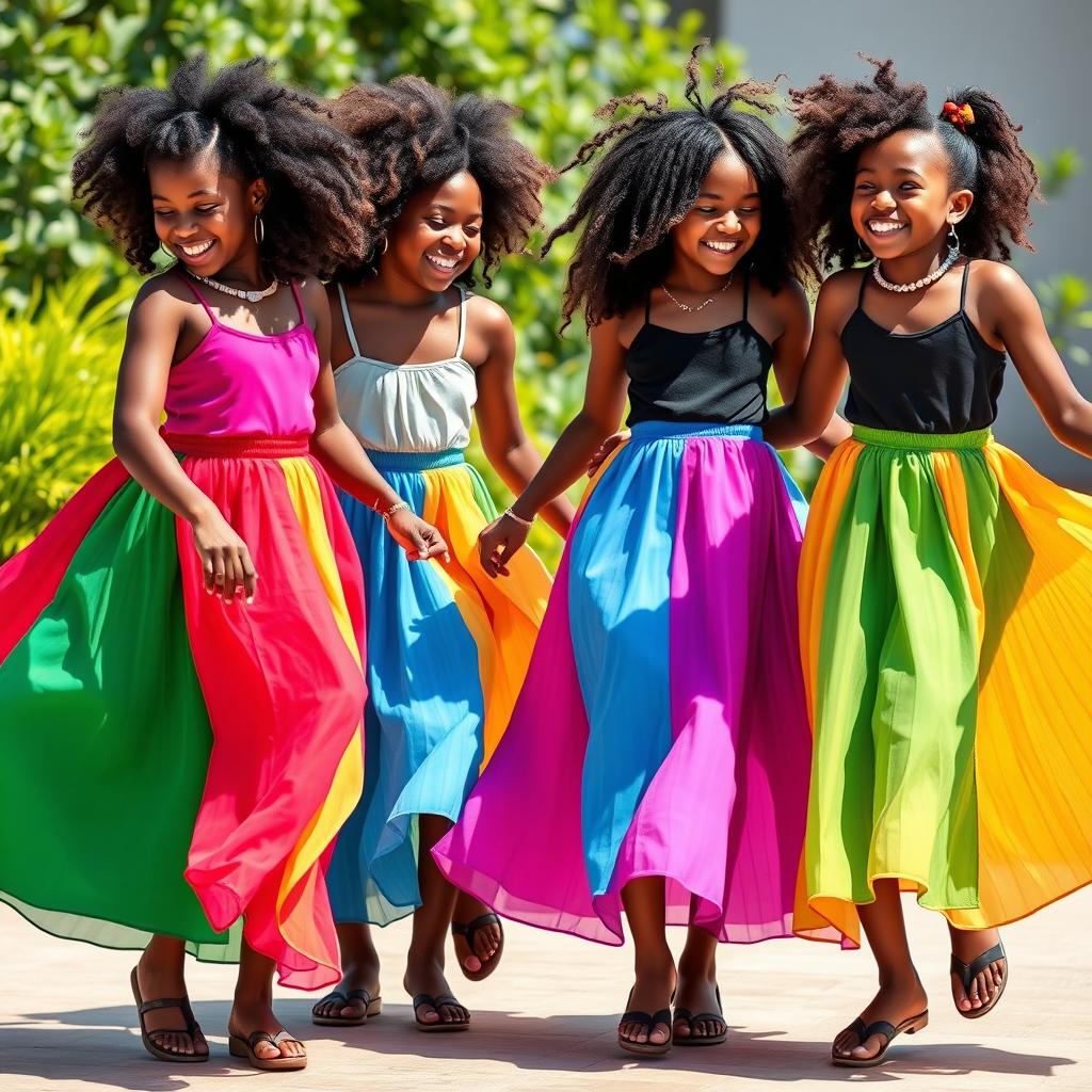 Four Black girls wearing long, colorful skirts dancing joyfully together