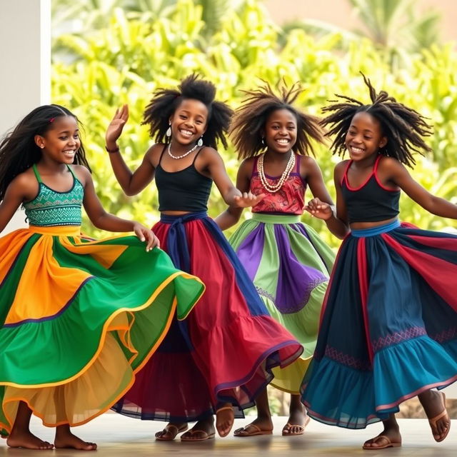 Four Black girls wearing long, colorful skirts dancing joyfully together