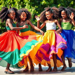 Four Black girls wearing long, colorful skirts dancing joyfully together