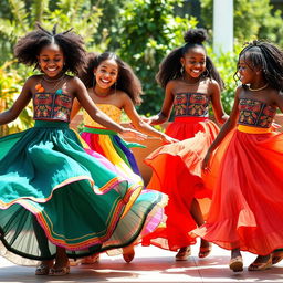 Four Black girls wearing long, colorful skirts dancing joyfully together