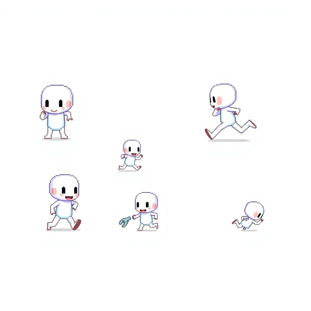 A pixel art sprite of a small white humanoid character, designed in a vibrant and playful style