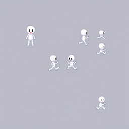 A pixel art sprite of a small white humanoid character, designed in a vibrant and playful style