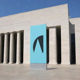 A simplistic and modern digital artwork outside of a bustling museum entrance, during daylight.