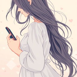 A romantic book cover illustration featuring an adult woman holding a phone in her hand, facing sideways