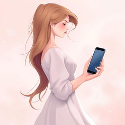 A romantic book cover illustration featuring an adult woman holding a phone in her hand, facing sideways