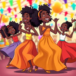 A vibrant cartoon scene featuring four joyful Black girls dancing energetically