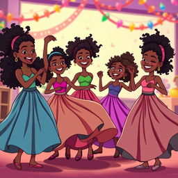 A vibrant cartoon scene featuring four joyful Black girls dancing energetically