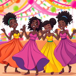 A vibrant cartoon scene featuring four joyful Black girls dancing energetically