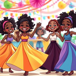 A vibrant cartoon scene featuring four joyful Black girls dancing energetically