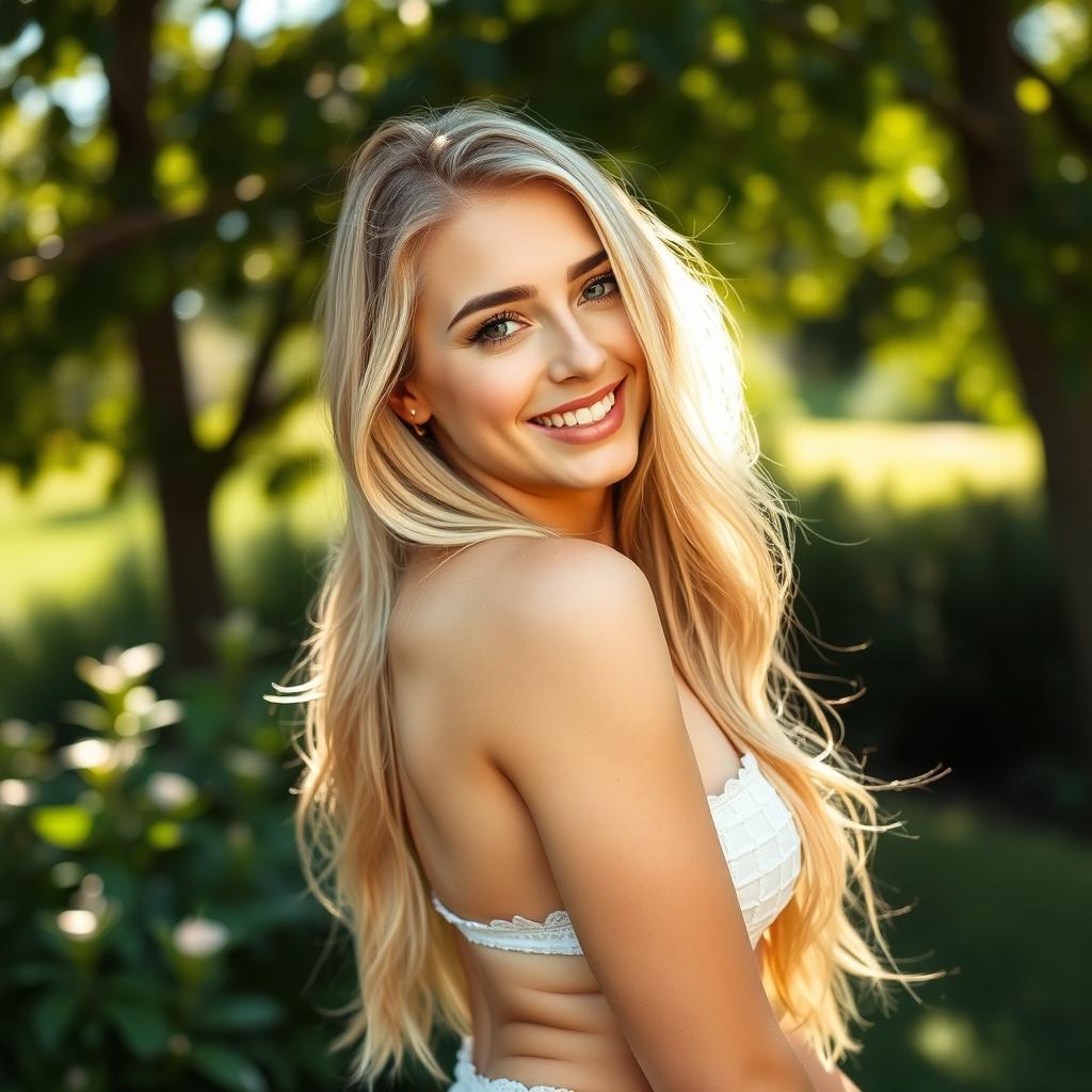 A beautiful 20-year-old blonde woman posing confidently, showcasing her long flowing hair and radiant skin in a sunlit outdoor setting