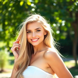 A beautiful 20-year-old blonde woman posing confidently, showcasing her long flowing hair and radiant skin in a sunlit outdoor setting