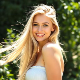 A beautiful 20-year-old blonde woman posing confidently, showcasing her long flowing hair and radiant skin in a sunlit outdoor setting