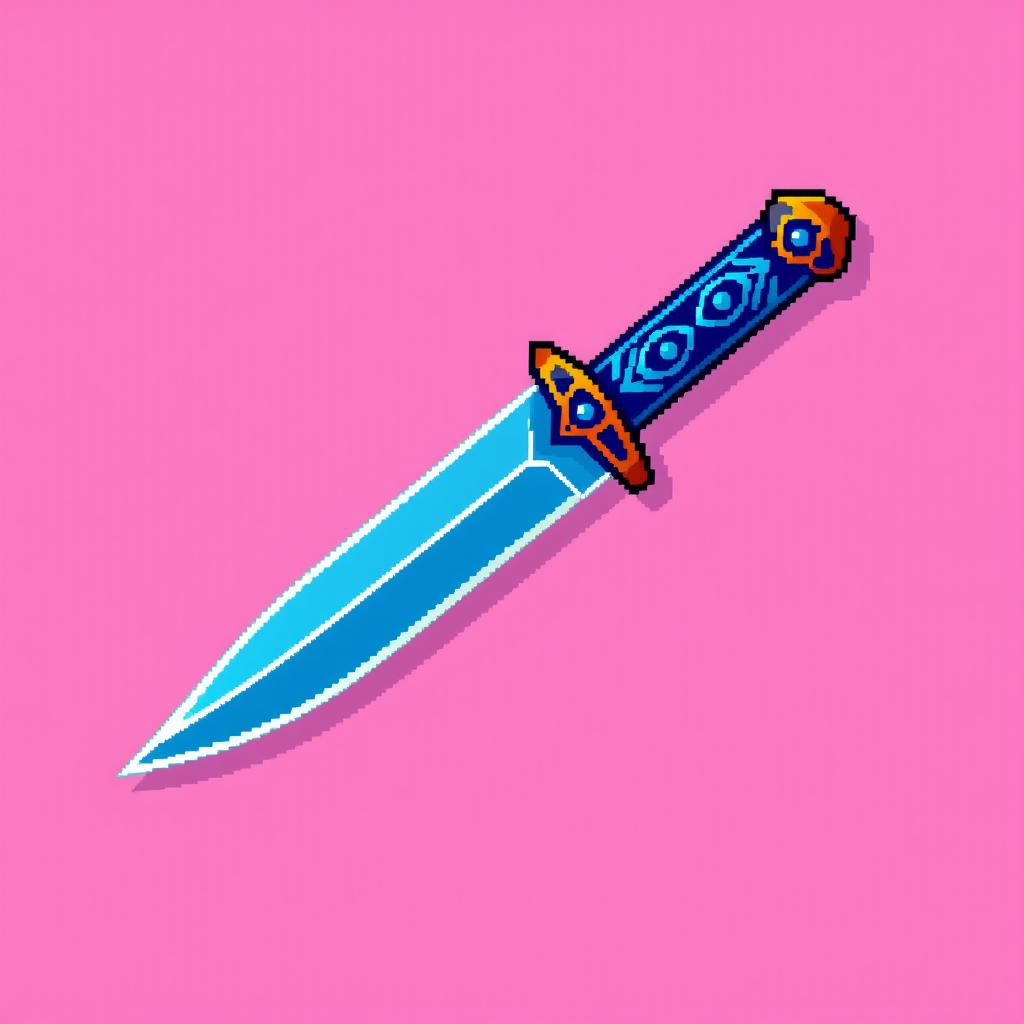 A vibrant pixel art representation of a knife sprite weapon, featuring a sleek blade, intricate hilt design, and vivid colors