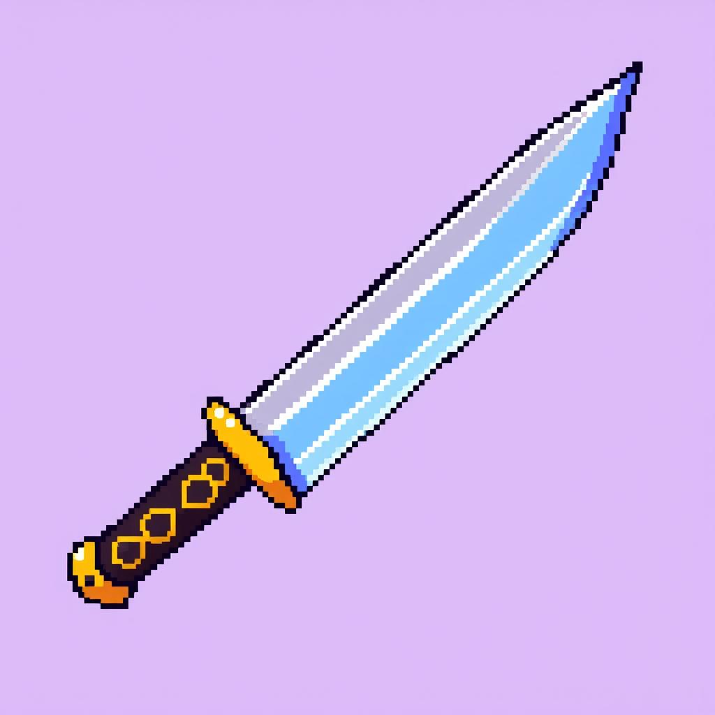 A vibrant pixel art representation of a knife sprite weapon, featuring a sleek blade, intricate hilt design, and vivid colors