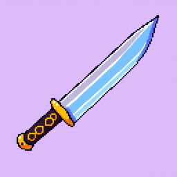 A vibrant pixel art representation of a knife sprite weapon, featuring a sleek blade, intricate hilt design, and vivid colors