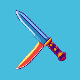 A vibrant pixel art representation of a knife sprite weapon, featuring a sleek blade, intricate hilt design, and vivid colors