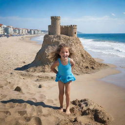 Una niña de 10 años divirtiéndose en una playa soleada, construyendo un castillo de arena junto a las suaves olas del mar, bajo un cielo azul vibrante.