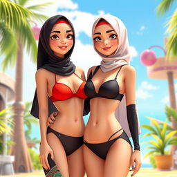 Two beautiful women in love, a European girl and an Arab girl, both wearing skimpy two-piece bandeau and string bikinis complemented by high-neck bikini tops and one-shoulder styles, showcasing an aesthetic blend of Islamic vibes through their hijabs