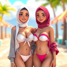 Two beautiful women in love, a European girl and an Arab girl, both wearing skimpy two-piece bandeau and string bikinis complemented by high-neck bikini tops and one-shoulder styles, showcasing an aesthetic blend of Islamic vibes through their hijabs