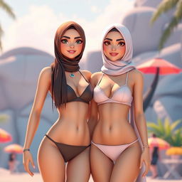 Two beautiful women in love, a European girl and an Arab girl, both wearing skimpy two-piece bandeau and string bikinis complemented by high-neck bikini tops and one-shoulder styles, showcasing an aesthetic blend of Islamic vibes through their hijabs