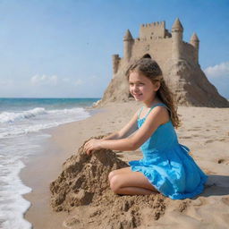 Una niña de 10 años divirtiéndose en una playa soleada, construyendo un castillo de arena junto a las suaves olas del mar, bajo un cielo azul vibrante.