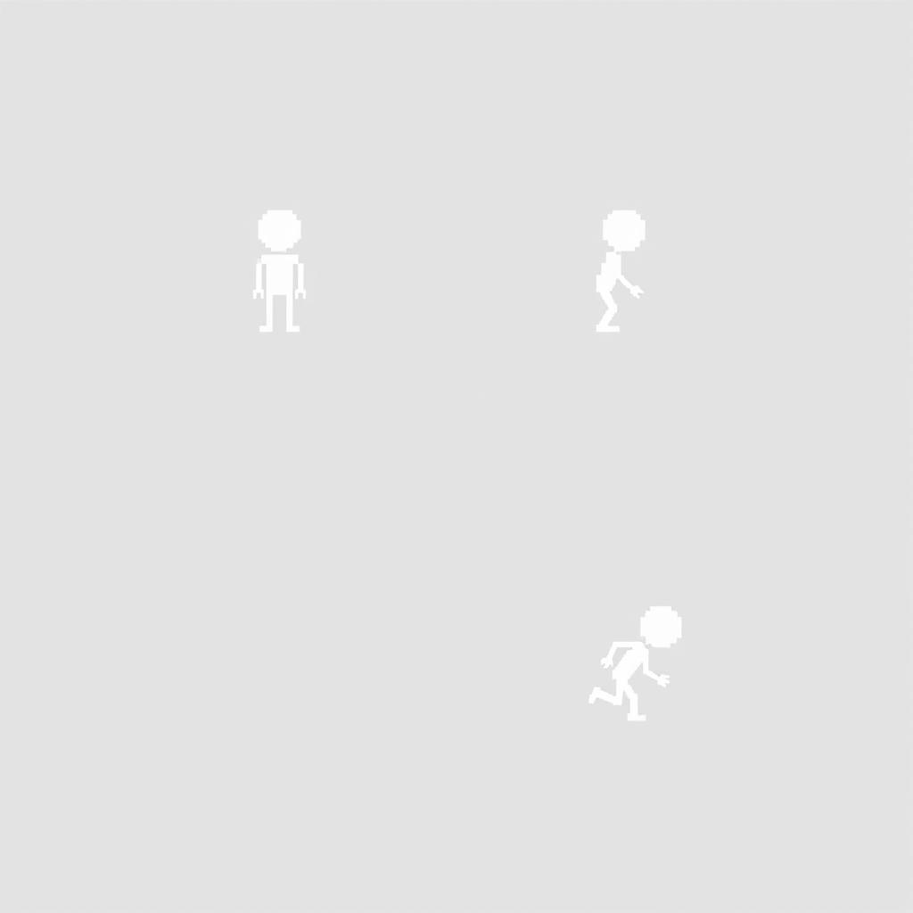 A minimalistic game sprite sheet featuring a small white humanoid character designed in a very low-resolution pixel art style