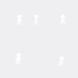 A minimalistic game sprite sheet featuring a small white humanoid character designed in a very low-resolution pixel art style