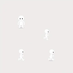 A minimalistic game sprite sheet featuring a small white humanoid character designed in a very low-resolution pixel art style