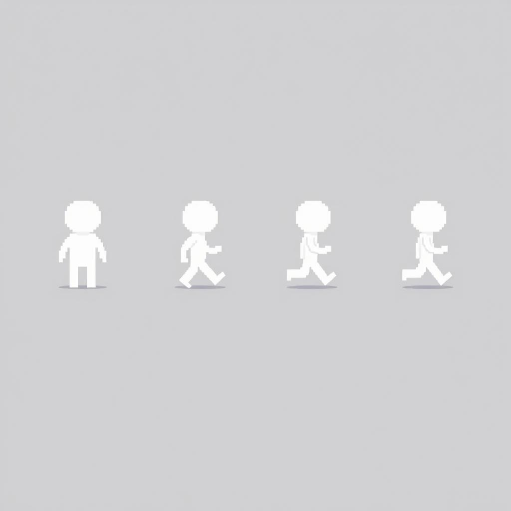 A minimalistic game sprite sheet featuring a small white humanoid character designed in a very low-resolution pixel art style