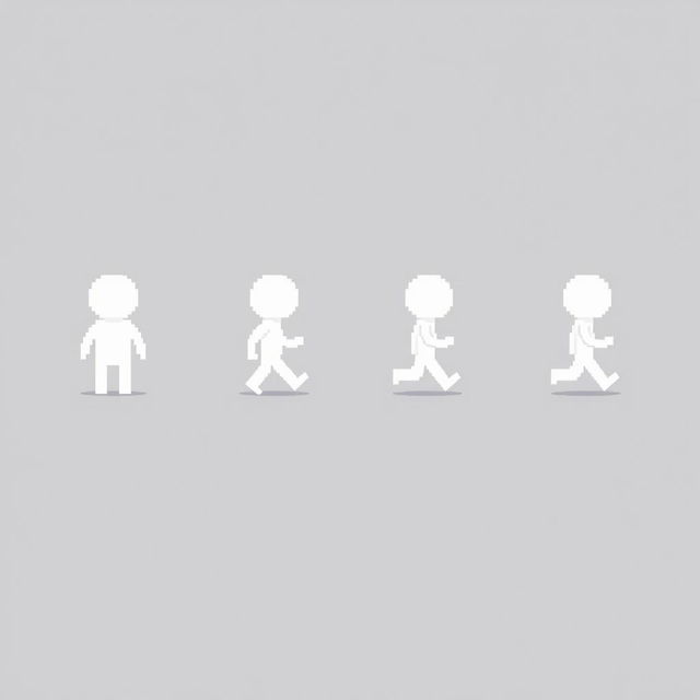 A minimalistic game sprite sheet featuring a small white humanoid character designed in a very low-resolution pixel art style