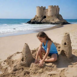 Una niña de 10 años divirtiéndose en una playa soleada, construyendo un castillo de arena junto a las suaves olas del mar, bajo un cielo azul vibrante.