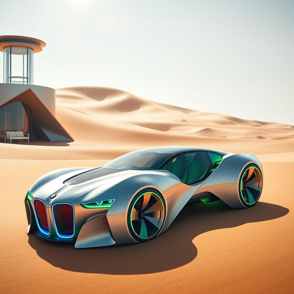 A futuristic ecological BMW car designed with bionic elements, featuring a sleek low-rider profile