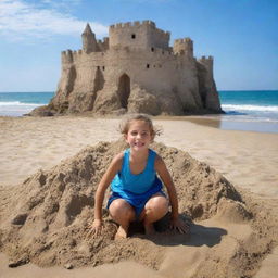 Una niña de 10 años divirtiéndose en una playa soleada, construyendo un castillo de arena junto a las suaves olas del mar, bajo un cielo azul vibrante.