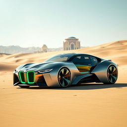 A futuristic ecological BMW car designed with bionic elements, featuring a sleek low-rider profile