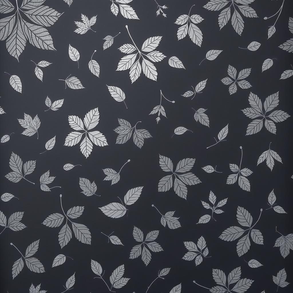 A dark gray colored page filled with intricate designs of various tree leaves throughout the surface