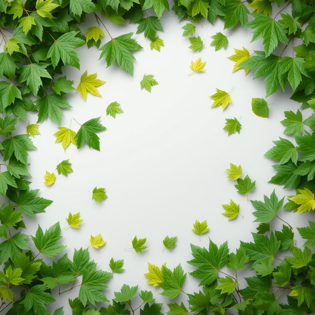 A unique light gray page background filled with lush green tree leaves scattered throughout